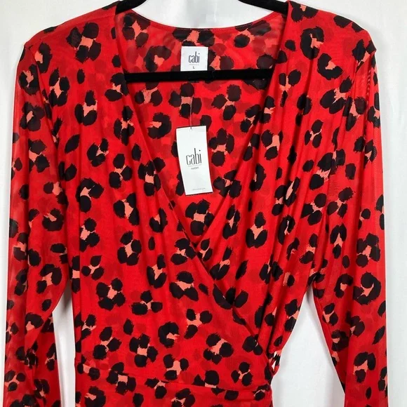 🎄CAbi Siren Wrap Dress Savage Skin: Red and Black Animal Print Midi Dress Sz L - Picture 2 of 7